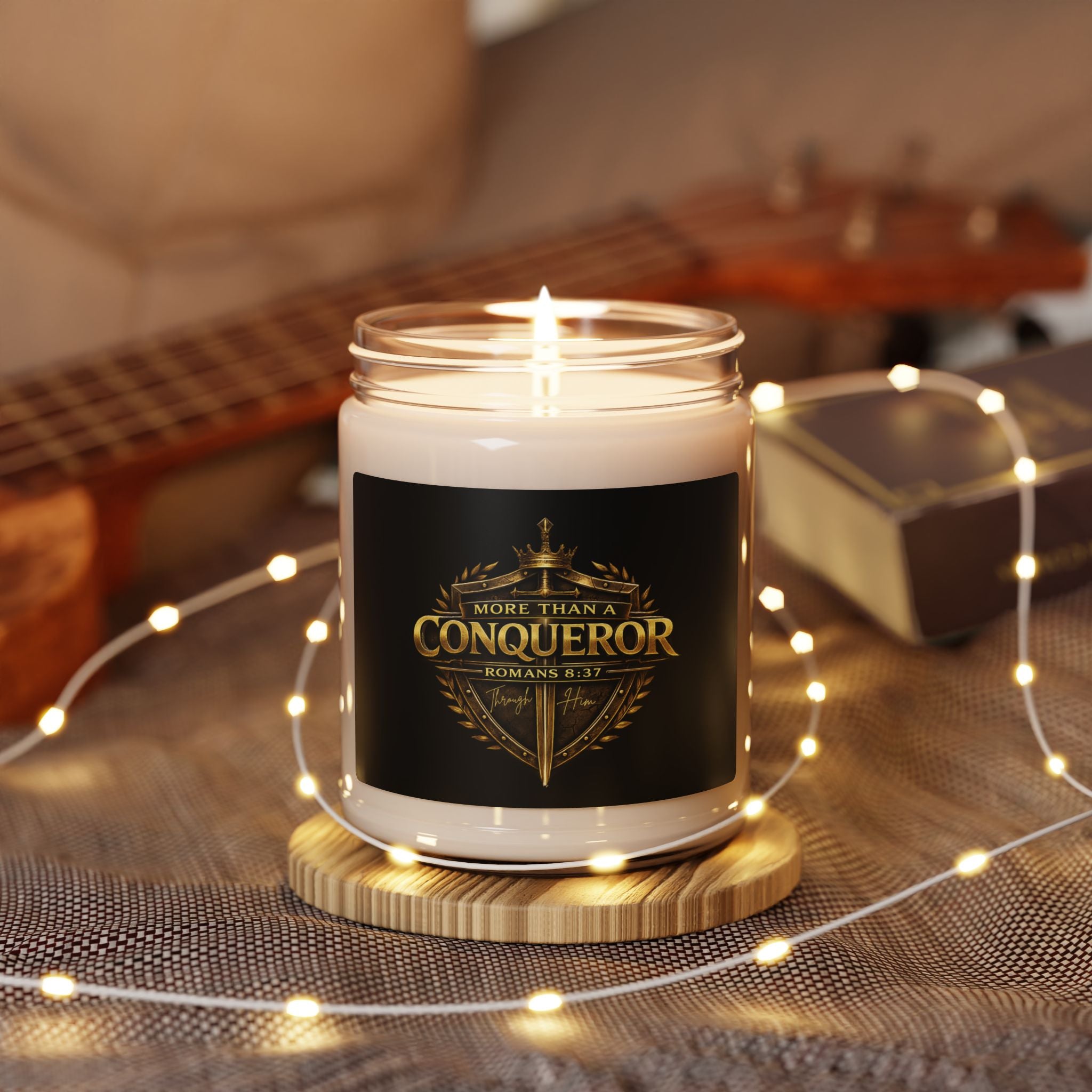 Soy Candle — "More Than a Conqueror" Christian Scented Jar (9oz, Romans 8:37)