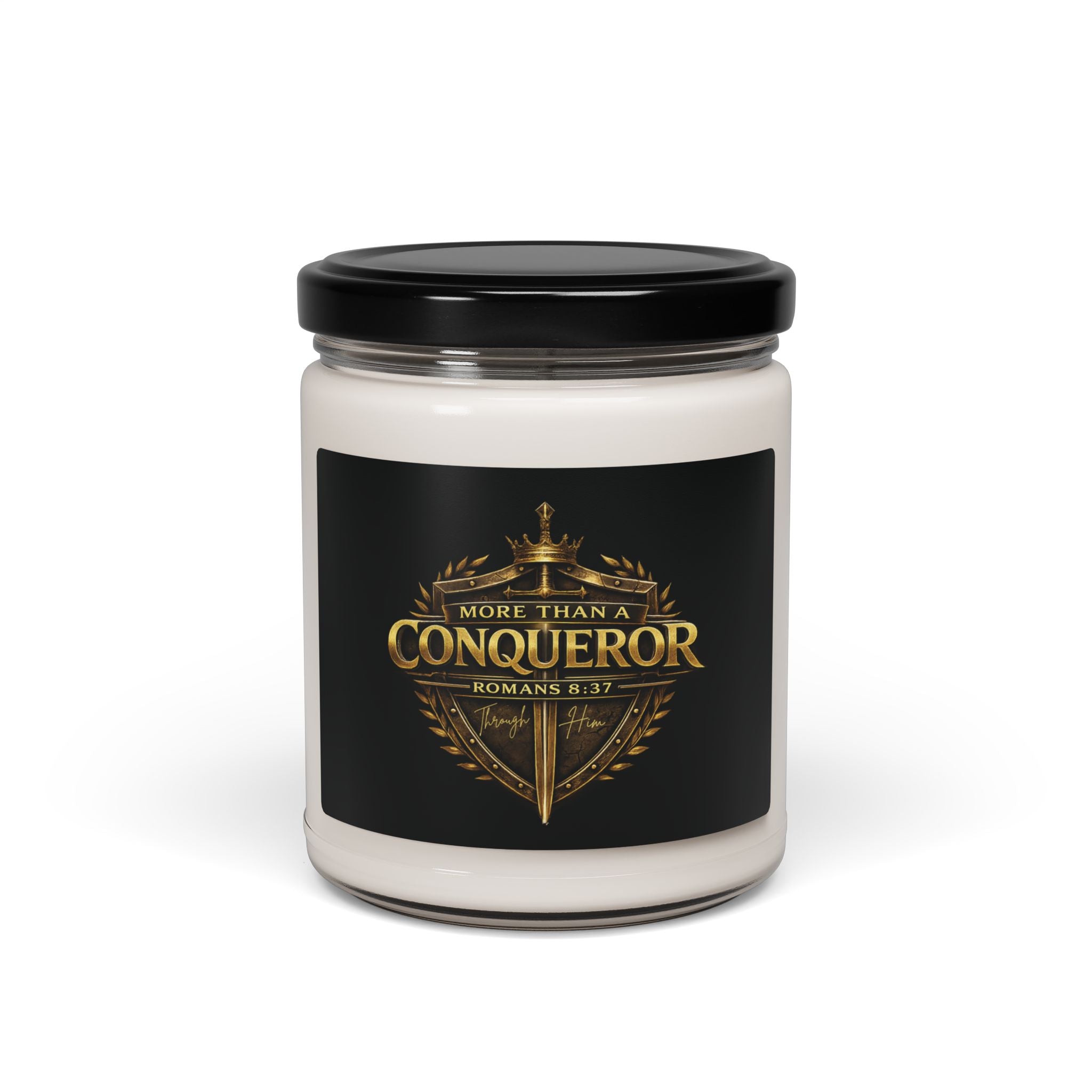 Soy Candle — "More Than a Conqueror" Christian Scented Jar (9oz, Romans 8:37)