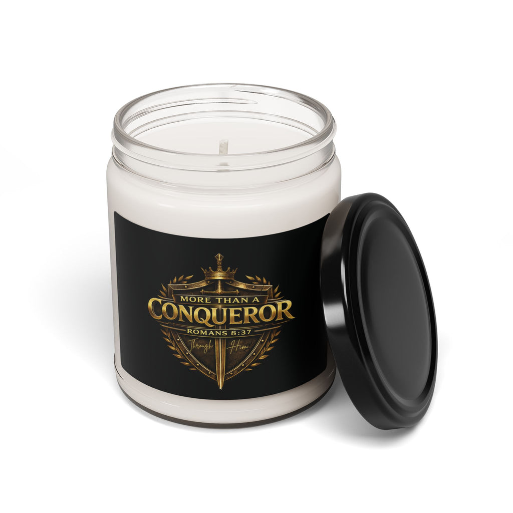 Soy Candle — "More Than a Conqueror" Christian Scented Jar (9oz, Romans 8:37)
