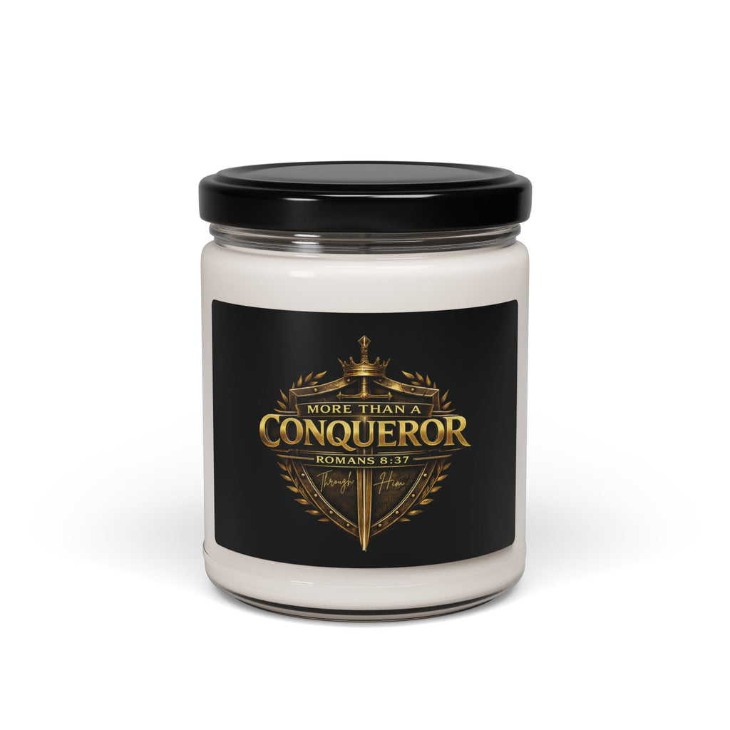 Soy Candle — "More Than a Conqueror" Christian Scented Jar (9oz, Romans 8:37)